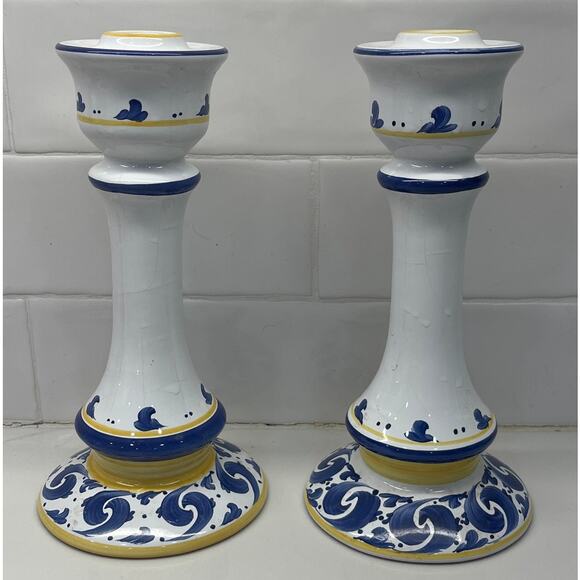 Pair 2 Herend Village Pottery Candlesticks Taper Hungary Splash Blue Yellow - Picture 1 of 4